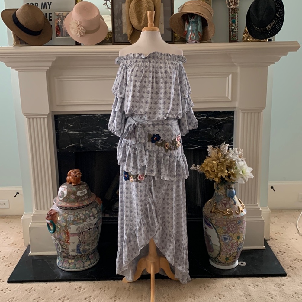 NWOT “Jasse” embroidered, ruffle, hi-lo off shoulder top and skirt